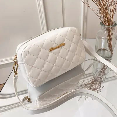 Women Fashion Casual Solid Color Metal Letter Quilted Zipper Soft PU Small Square Shoulder Bag