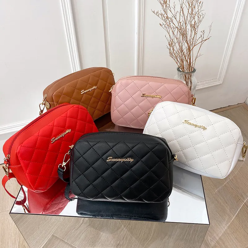 Women Fashion Casual Solid Color Metal Letter Quilted Zipper Soft PU Small Square Shoulder Bag