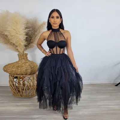 Women Sexy Solid Color Mesh See-Through Halter Mock Neck Dress
