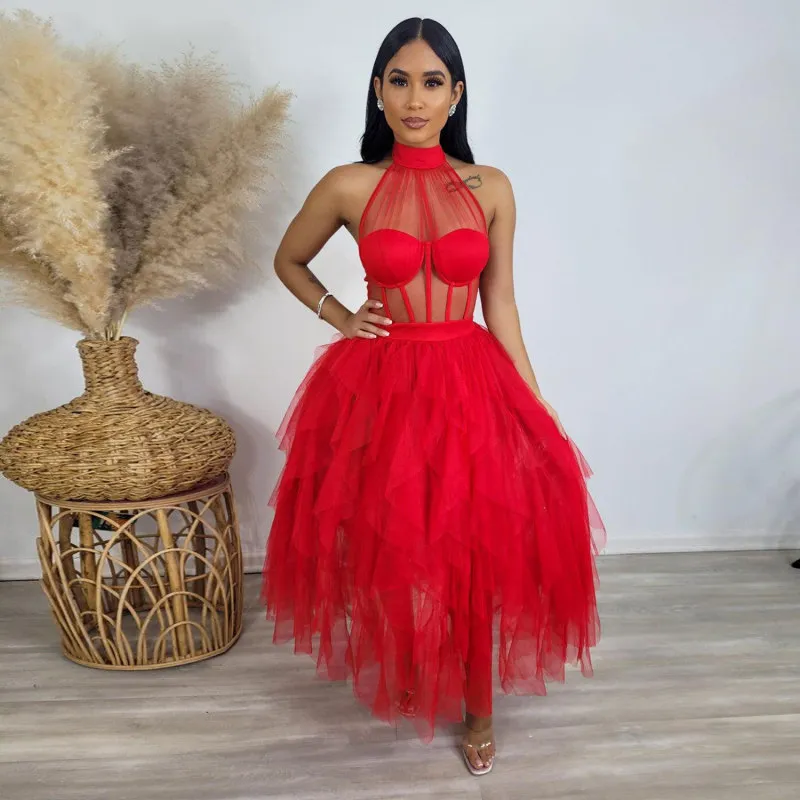 Women Sexy Solid Color Mesh See-Through Halter Mock Neck Dress