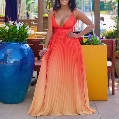Women Summer Vacation Gradient Color Backless Maxi Dress