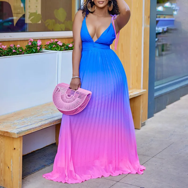 Women Summer Vacation Gradient Color Backless Maxi Dress