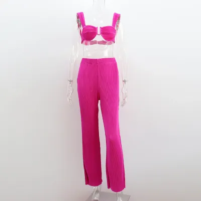 Women Solid Color Pleated Tank Top And Wide Leg Pants Set