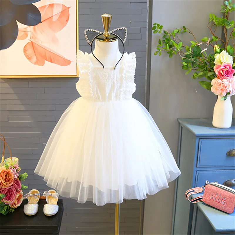 Kids Toddler Girls Summer Cute Solid Color Mesh Square Neck Princess Dress 3-14T