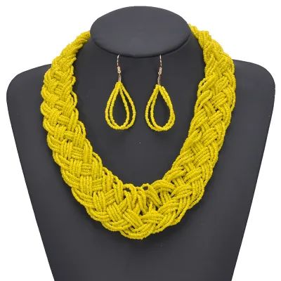 Women Fashion Exaggerated Boho Handmade Braided Rice Beads Necklace Earrings Two-Piece Set