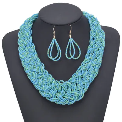 Women Fashion Exaggerated Boho Handmade Braided Rice Beads Necklace Earrings Two-Piece Set