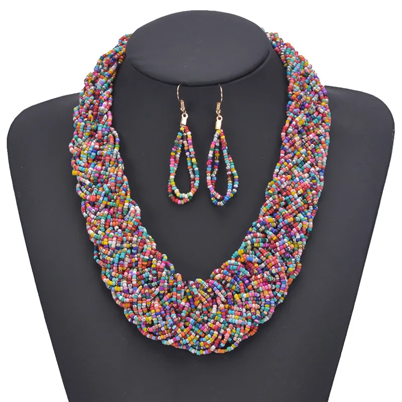 Women Fashion Exaggerated Boho Handmade Braided Rice Beads Necklace Earrings Two-Piece Set