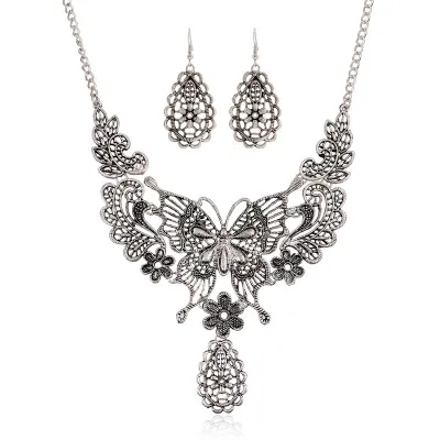 Women Retro Exaggerated Alloy Hollow Butterfly Necklace Earrings Set