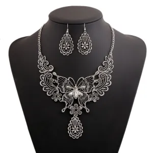 Women Retro Exaggerated Alloy Hollow Butterfly Necklace Earrings Set