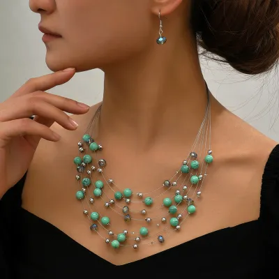Women Fashion Boho Ethnic Style Handmade Beaded Crystal Pearl Multi-Layer Necklace Earrings Set