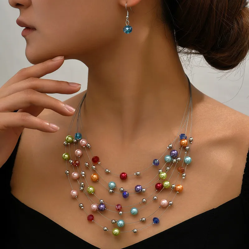Women Fashion Boho Ethnic Style Handmade Beaded Crystal Pearl Multi-Layer Necklace Earrings Set