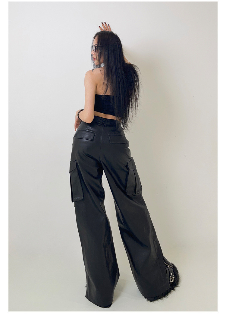 パンツ PU Coated Wide-Leg Cargo Pants Wholesale Women Fashion Edgy Solid Color Cargo Wide-Leg
