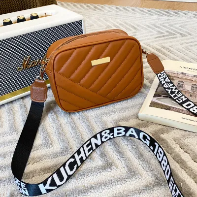 Women Fashion Casual Quilted Letter Embroidered Shoulder Strap Square Zipper Crossbody Bag