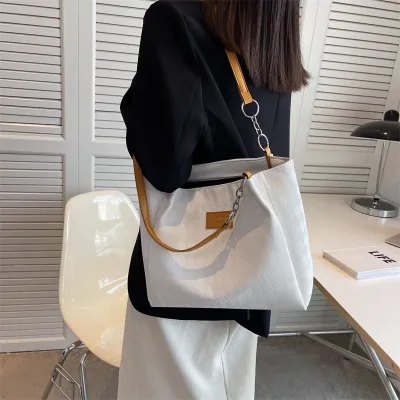 Women Fashionable Simple Solid Color Large Capacity Chain PU Shoulder Tote Bag