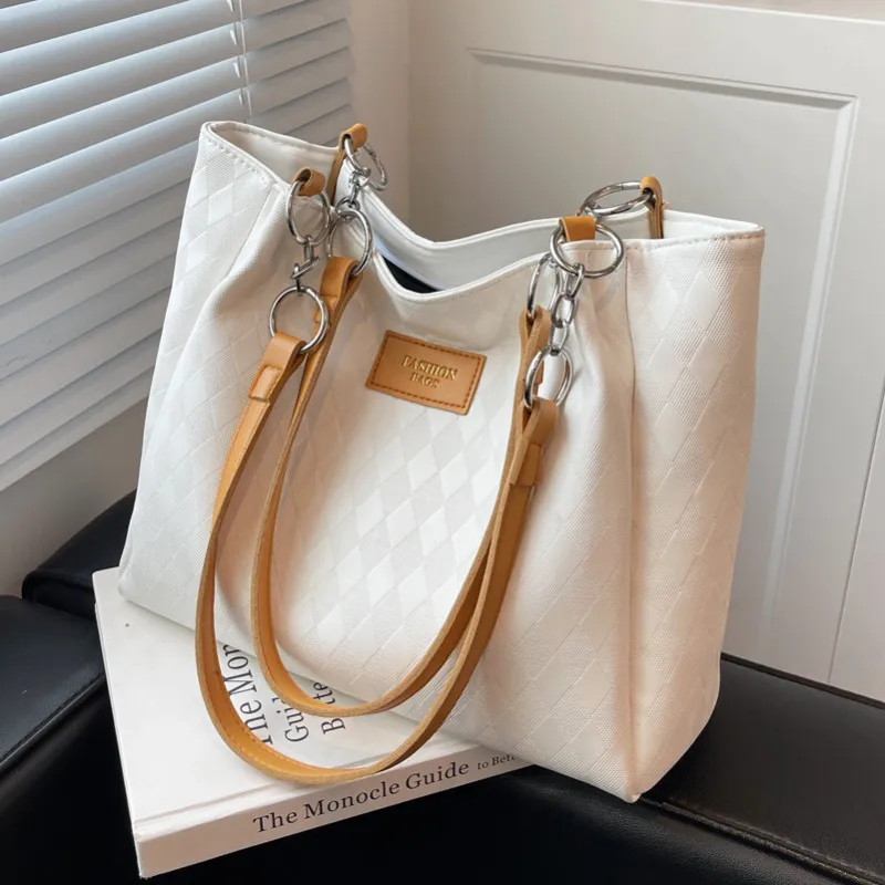 Women Fashionable Simple Solid Color Large Capacity Chain PU Shoulder Tote Bag