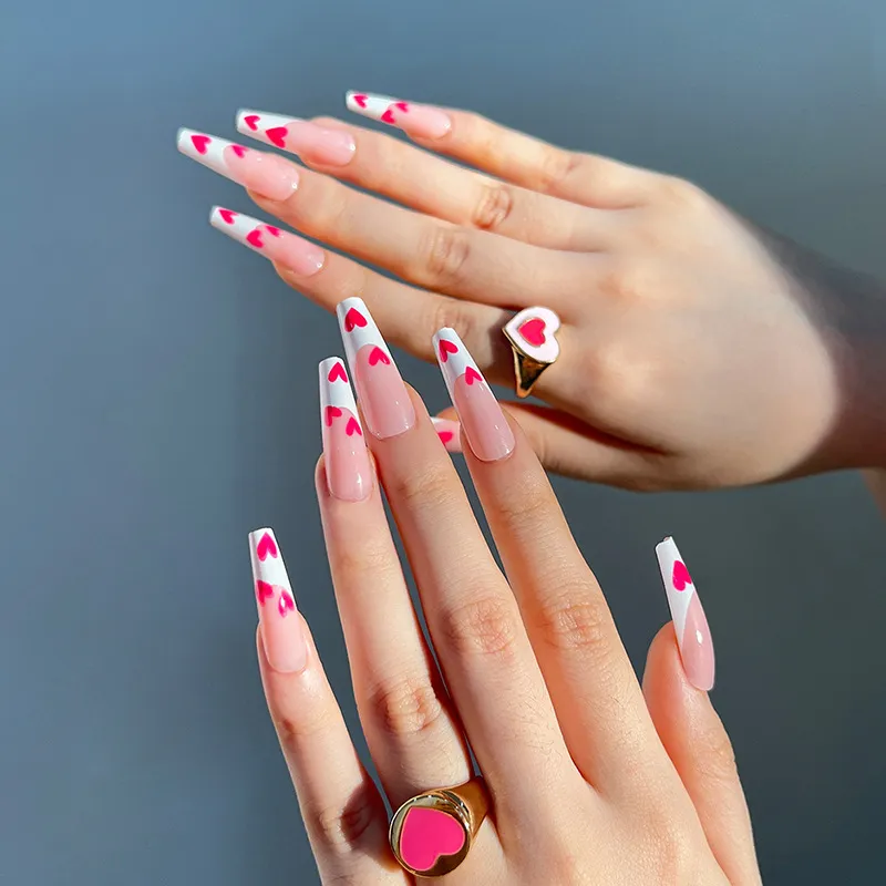 Valentine Day Women Fashion Long Ballet Pink Love Heart White Edge Wearable False Nails