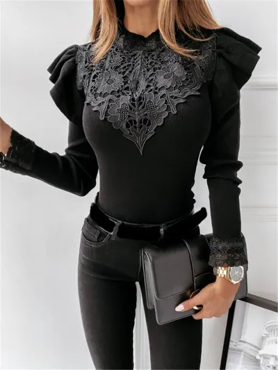Women Elegant Solid Color Lace Stand Collar Ruffled Long-Sleeve Blouse