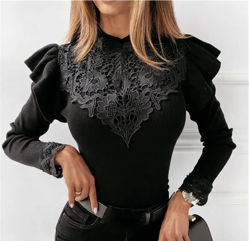 Women Elegant Solid Color Lace Stand Collar Ruffled Long-Sleeve Blouse