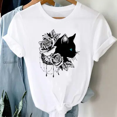 Women Fashion Cartoon Flower Cat Letter Print Round Neck Short Sleeve T-Shirt