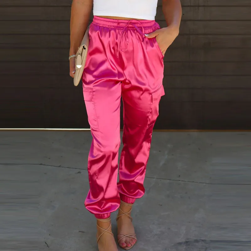 Women Fashion Casual Solid Color Elastic Waist Cuffed Jogger Pants