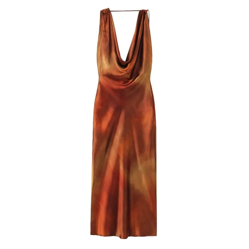 Women Fashion Draped Collar Silk Satin Print Midi Dress