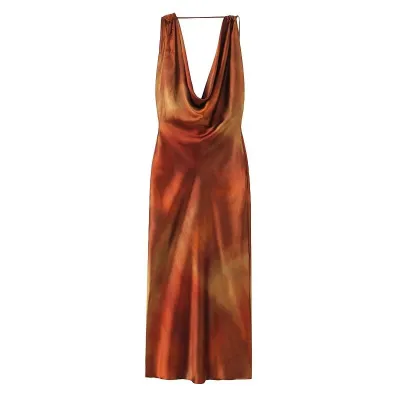 Women Fashion Draped Collar Silk Satin Print Midi Dress