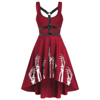 Women Vintage Gothic Skeleton Hand Print Black Midi Dress
