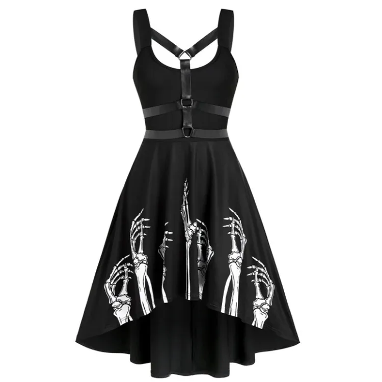 Women Vintage Gothic Skeleton Hand Print Black Midi Dress
