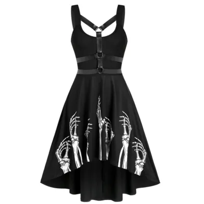 Women Vintage Gothic Skeleton Hand Print Black Midi Dress