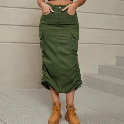 Women's Creased Denim Midi Skirt - Street Fashion A-Line Style