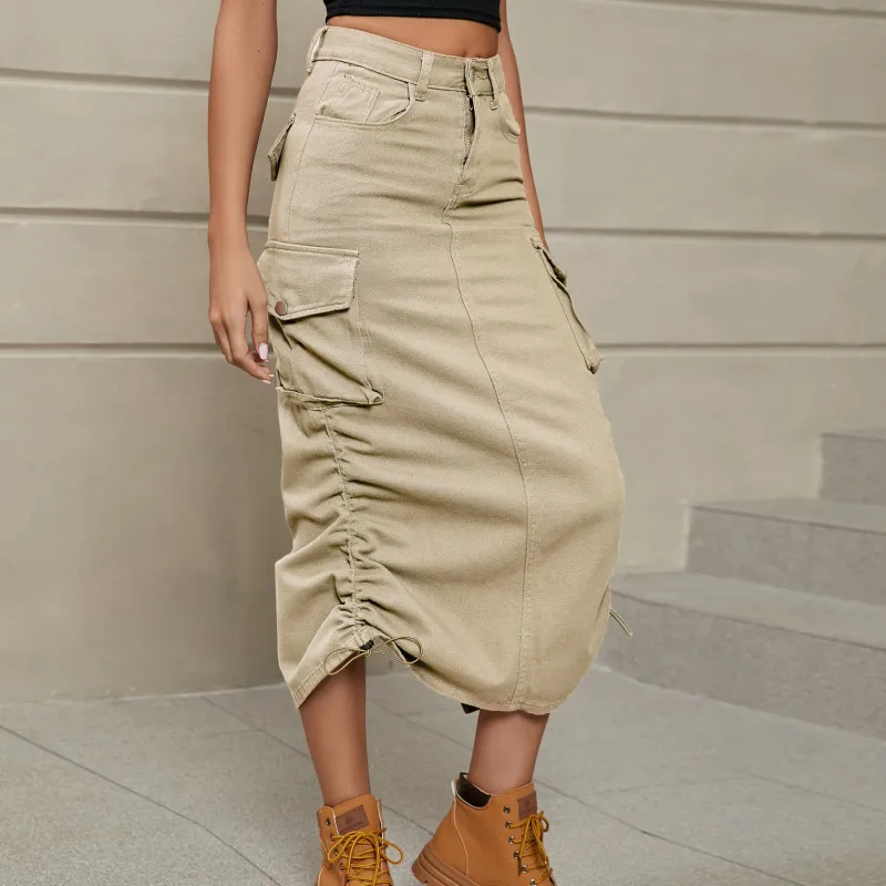 Women's Creased Denim Midi Skirt - Street Fashion A-Line Style