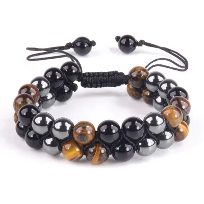 Men's Natural Woven Beaded Tiger Eye Agate Stone Bracelet Vintage