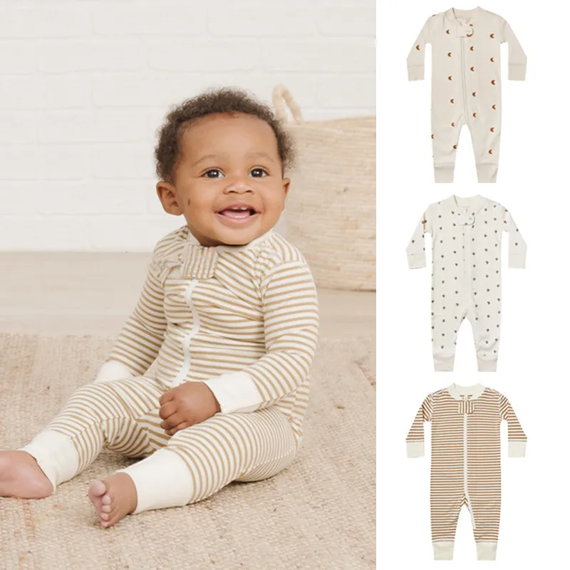 Kids Baby Girls Boys Spring Cute Cotton Cactus Moon Striped Zipper Bodysuit