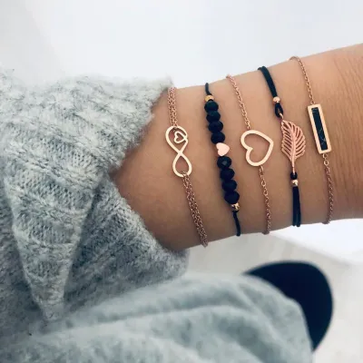 Women's 5-Piece Geometric Square Leaf Heart Bracelet Set Alloy Retro Ethnic
