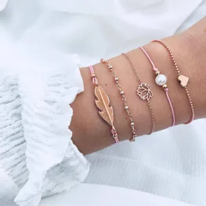 Women Fashion Pearl Leaf Heart Lotus Bracelet 5-Piece Set