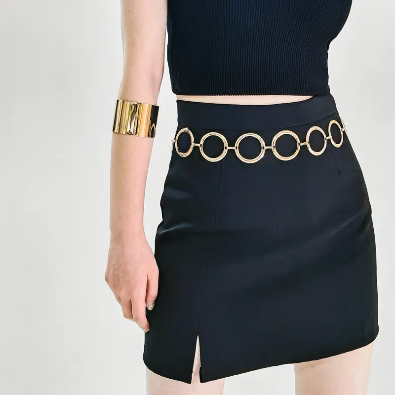 Women Fashion Gold Geometric Circle Decorative Metal Waist Chain