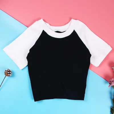 Women Fashion Edgy Raglan Color Blocking Short Sleeve Crop Top