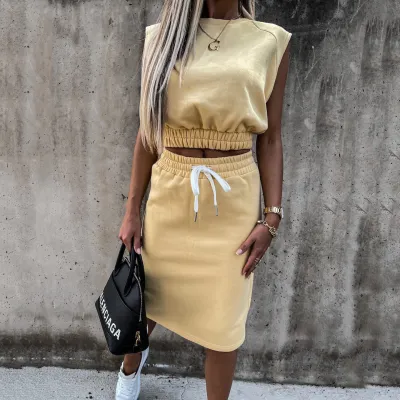 Women's Athleisure Solid Color Sleeveless Crop Top and Drawstring Back Vent Midi Skirt Set