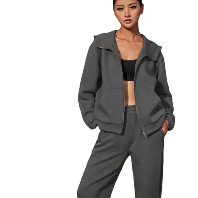 Women Fashion Athleisure Solid Color Long Sleeve Zipper Hooded Pants Set