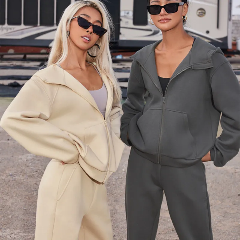 Women Fashion Athleisure Solid Color Long Sleeve Zipper Hooded Pants Set