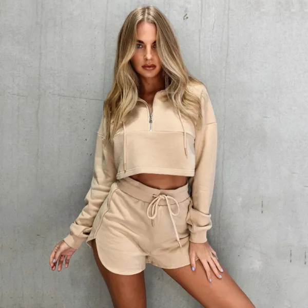 Women Fashion Athleisure Solid Color Long Sleeve Half Zipper cropped Sweater And Lace-Up Shorts Set