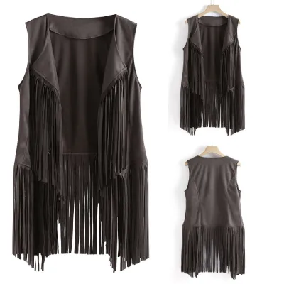 Women Fashion Boho Vintage Solid Color Sleeveless Tassel Vest Coat