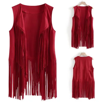 Women Fashion Boho Vintage Solid Color Sleeveless Tassel Vest Coat