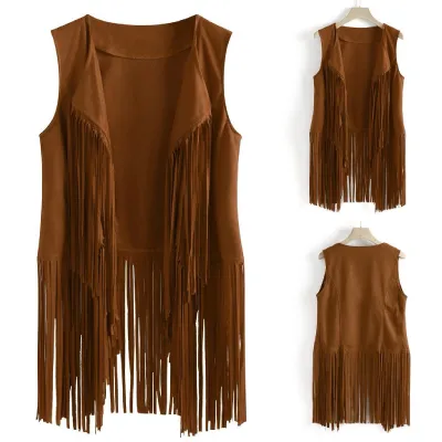Women Fashion Boho Vintage Solid Color Sleeveless Tassel Vest Coat