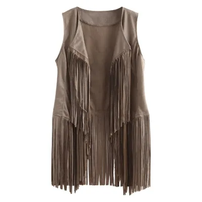 Women Fashion Boho Vintage Solid Color Sleeveless Tassel Vest Coat