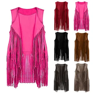 Women Fashion Boho Vintage Solid Color Sleeveless Tassel Vest Coat