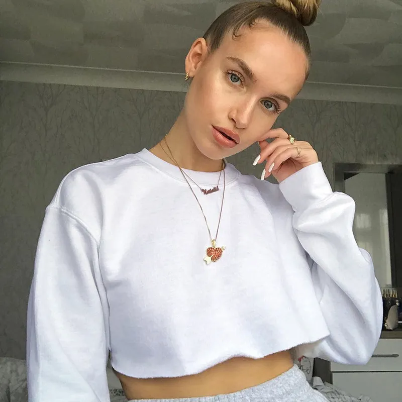 Women's Casual Edgy Solid Color Long Sleeve Cropped Pullover Sweatshirt