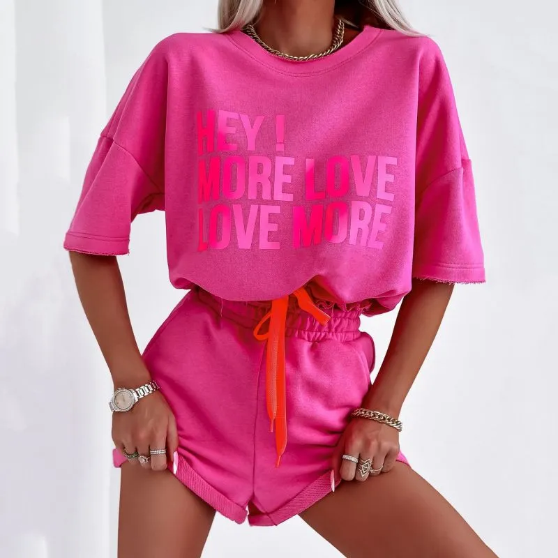 Women Fashion Sport Casual Alphabet Print Round Neck Lace-Up Crop Top And Shorts Set
