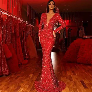 Women Fashion Sexy Tight Deep-V Neck Long-Sleeve Sequin Fishtail Trim Dress