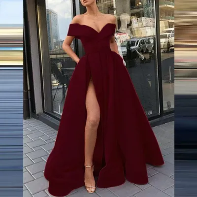 Women Fashion Sexy Solid Color Deep-V Neck Off Shoulder Creased Side Split Defined Waist Dress
